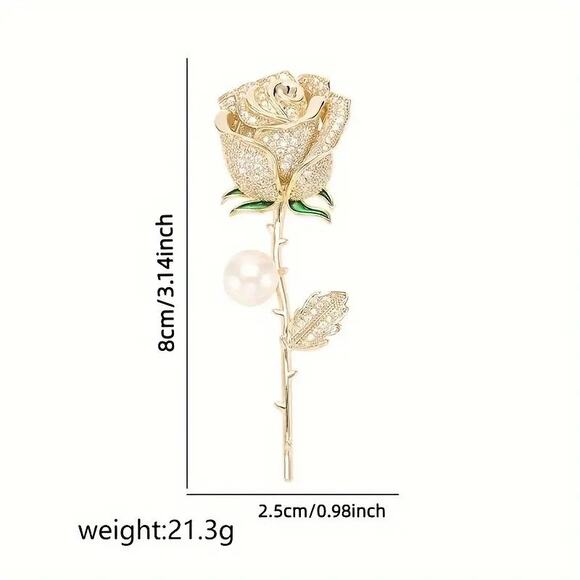 Brooch‎ Rhinestone Gold-Tone Rose with Green Leaves Luxury - Picture 8 of 8